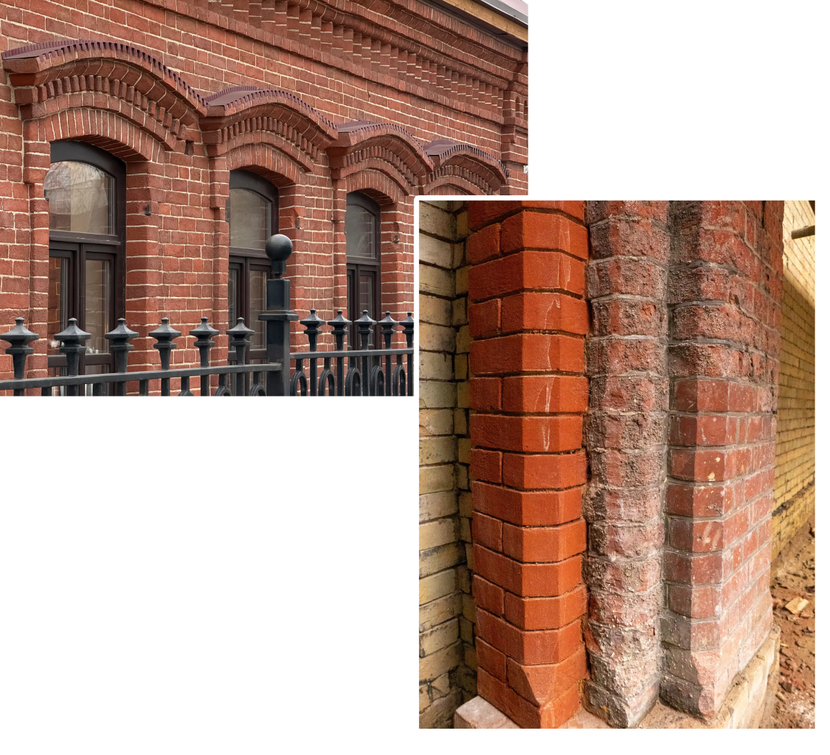 Comparison of old and restored red brick walls with iron railings.