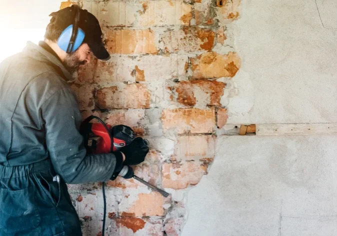 Worker drilling brick wall with power tool